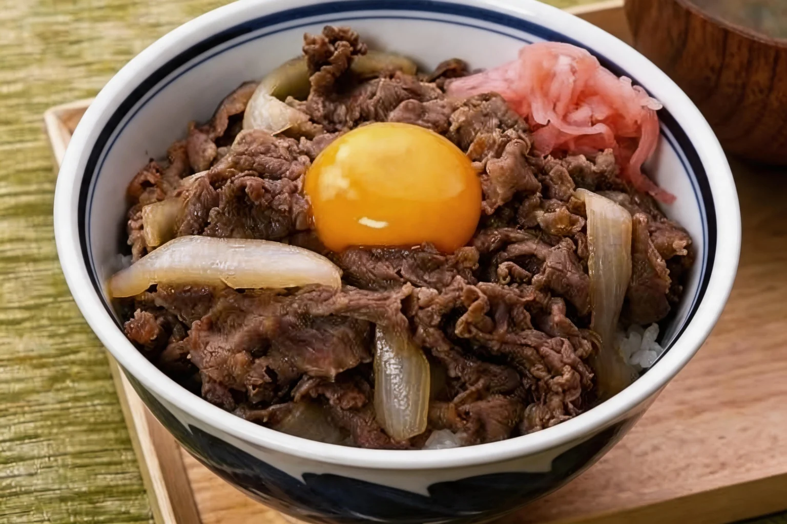 Bowl of beef, onion and egg on rice, wooden tray and wooden soup bowl.