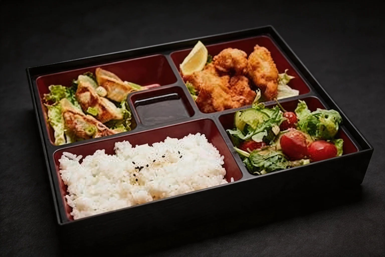 B1 in a black and red bento box, dark background.